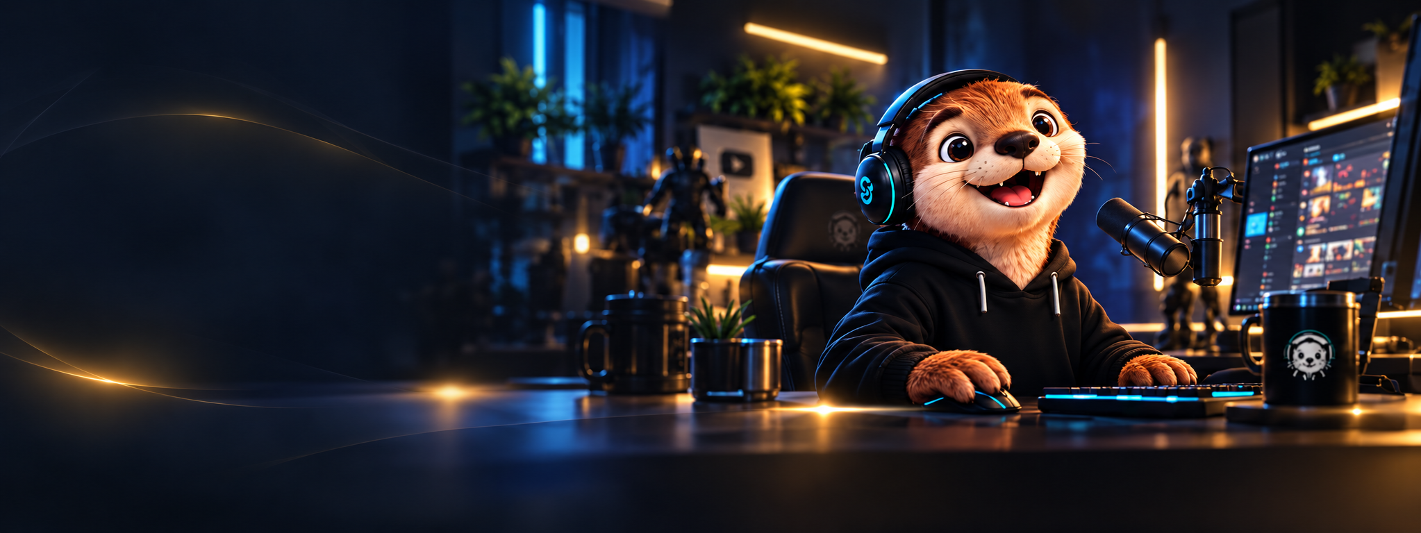 Otto the otter wearing headphones at his recording desk, ready to create